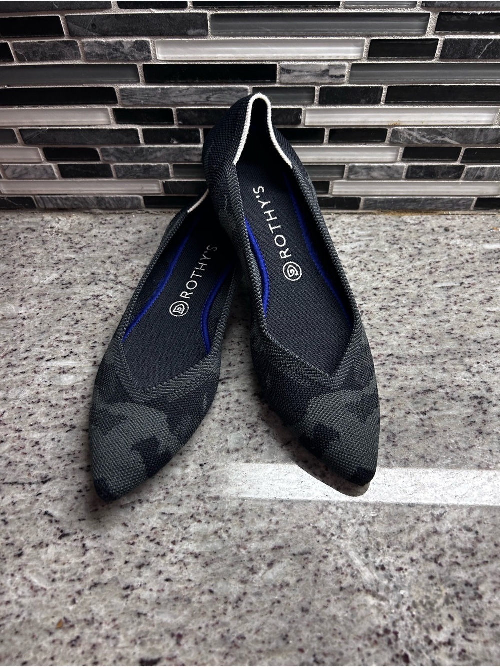 Rothy's Pointed Toe Flats in Black and Charcoal Camo size 10.5